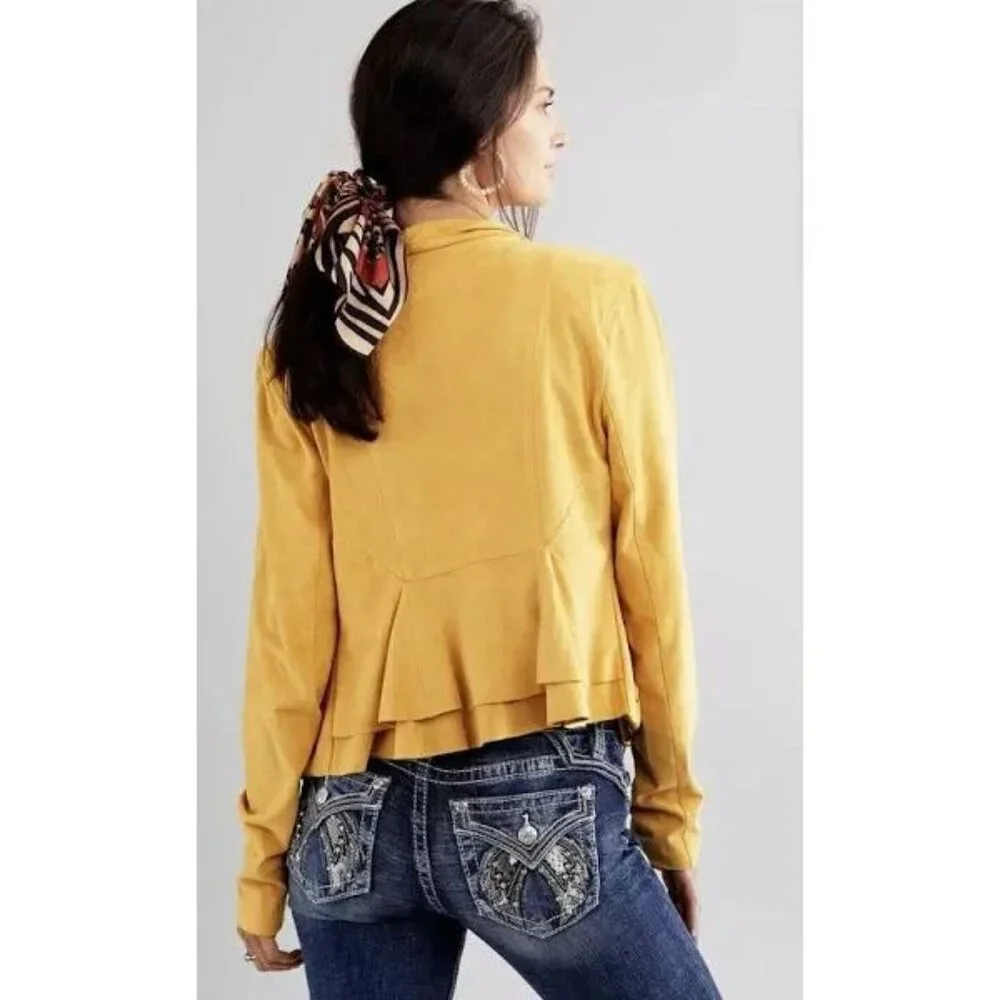 WILLOW ROOT Women Jacket Faux Suede‎ Cropped Moto Long Sleeve Sz L Yellow c-25